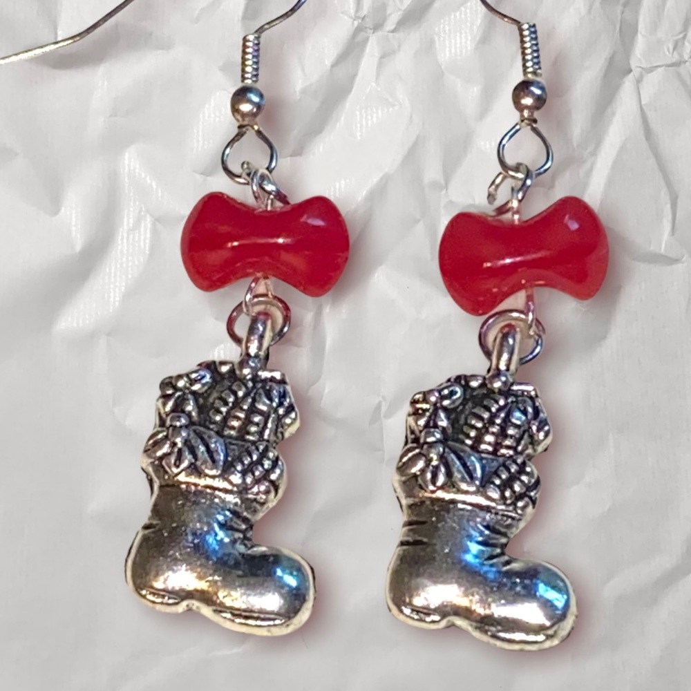 Hand Crafted Earrings Stocking Bow Silver Dangle Jewelry Christmas Pierced - Picture 2 of 5